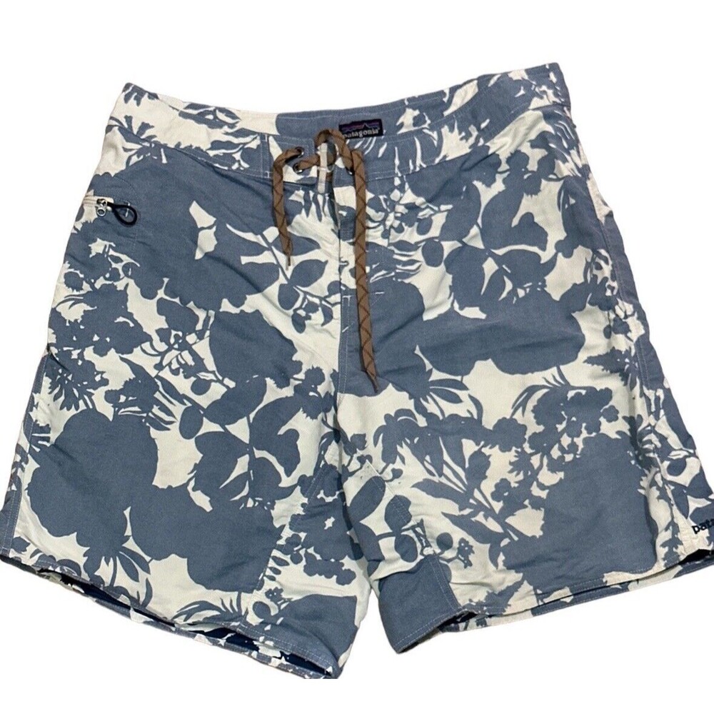 Patagonia Unlined Board Shorts Floral Zip Pocket Reverse Print‎ Grommets Size 38